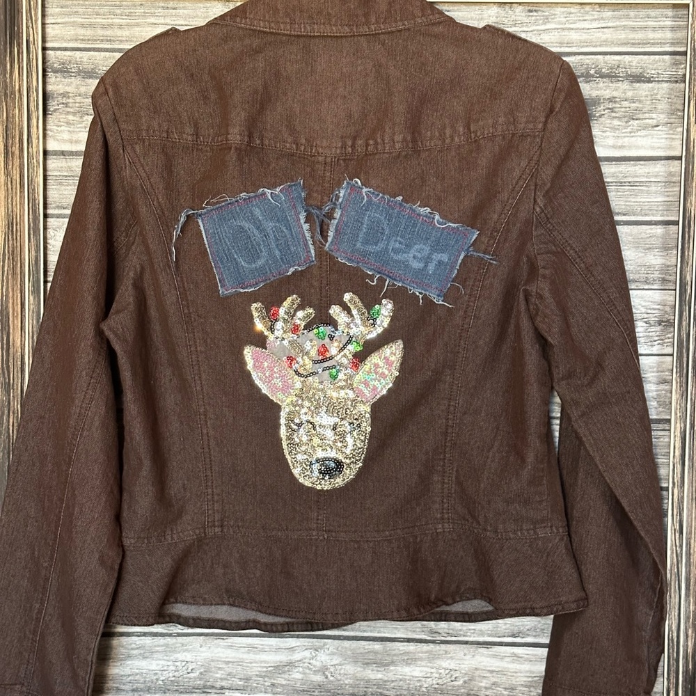 Recycled UpCycled Vintage Moto Style Brown Denim Sequin Bling Jacket Christmas